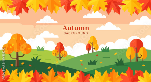 Flat illustration of picturesque autumn background with colorful falling leaves, trees on rolling hills, and fluffy clouds under a light sky. Perfect for seasonal designs