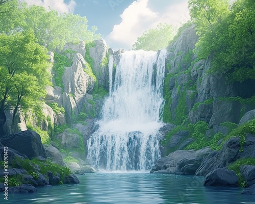A vibrant waterfall cascading into a serene pool surrounded by moss-covered rocks, symbolizing natureâ€™s power and tranquility, 