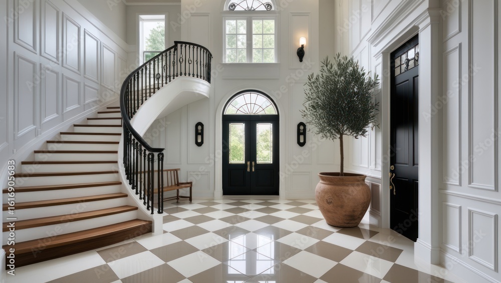 Fototapeta premium Grand foyer with a sweeping staircase and a large olive tree.