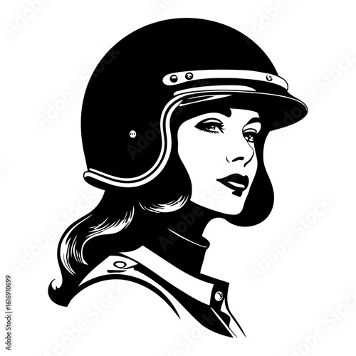 Aviator woman silhouette bold lines for motorcycle gear branding and vintage lifestyle campaigns