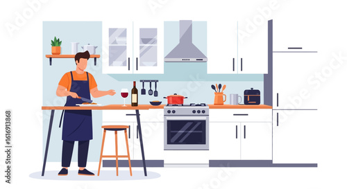 A man in an apron prepares a meal in a modern kitchen while enjoying a glass of red wine.