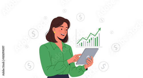 Smiling businesswoman using tablet, viewing upward trending financial graph.