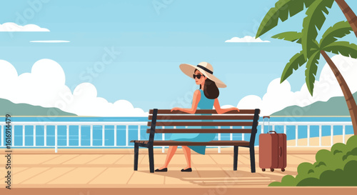 Woman relaxes on a bench overlooking a tranquil ocean, suitcase beside her, enjoying a tropical vacation.