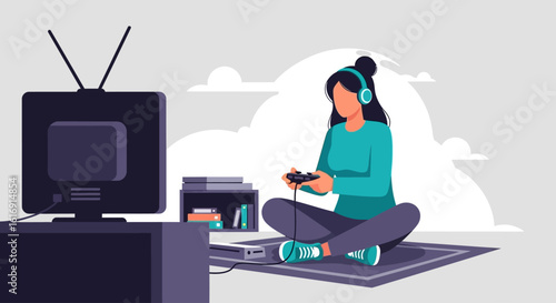 Young woman engrossed in a video game, sitting cross-legged on a rug, using a controller connected to a retro TV.
