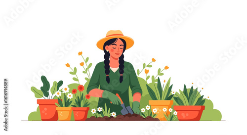 A young woman tending her potted plants, happily gardening amidst blooming flowers.