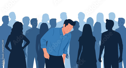 An illustration of a lonely, dejected man feeling isolated from an anonymous crowd of people.