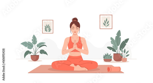 An illustration of a woman meditating in a serene lotus pose with prayer hands, surrounded by houseplants in a peaceful indoor setting.