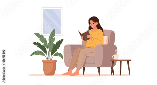 A smiling woman relaxes in a cozy armchair, reading a book in a peaceful room with a plant.