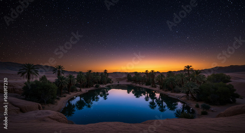 Canvastavla Night scene of a desert oasis with palm trees reflecting the starry sky in the s