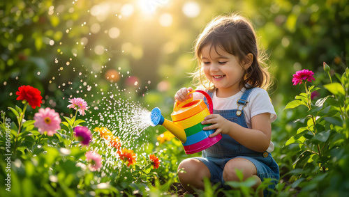 A girl joyfully watering a vibrant garden, surrounded by blooming flowers and lush greenery. She is holding a colorful watering can, and sunlight filters through the leaves, casting a warm glow on he