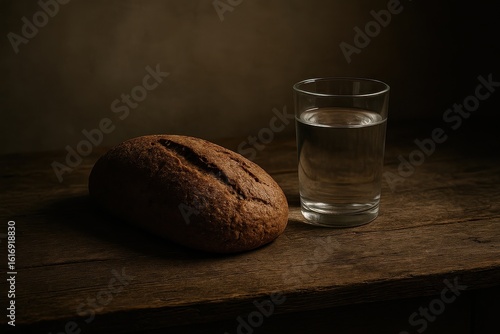 Simple Lenten fasting meal with bread and water on rustic wooden table for spiritual discipline