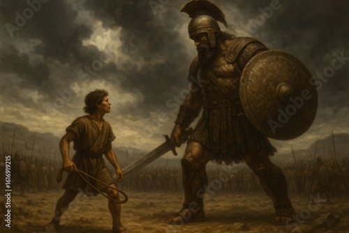Young shepherd David facing giant Goliath with simple sling against dramatic battlefield backdrop