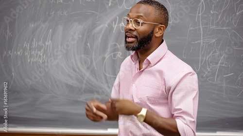 Black professor is teaching a classroom full of students during the academic semester