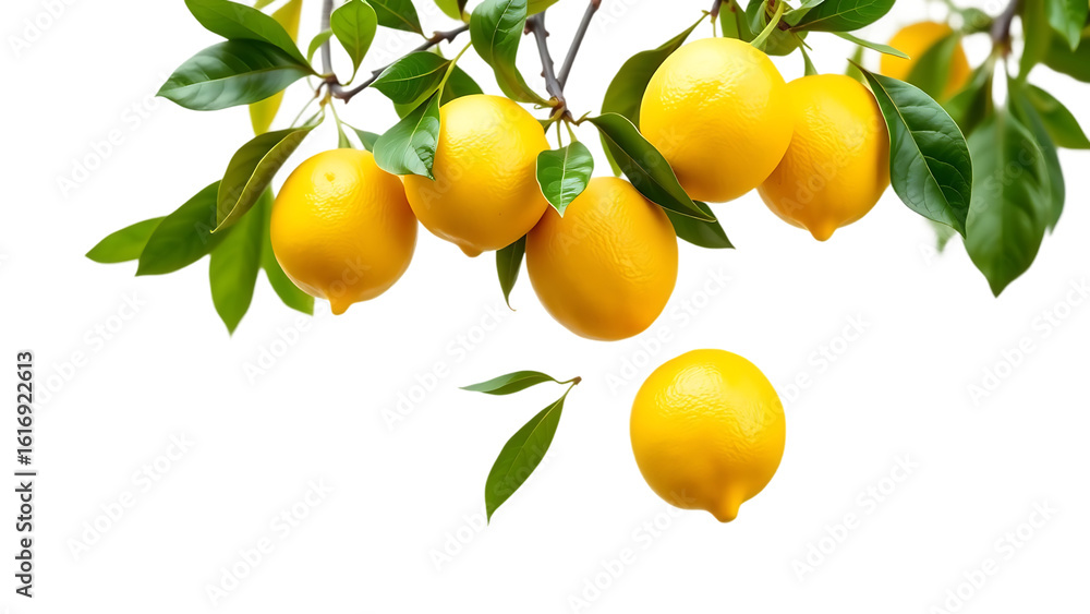 Falling fresh yellow lemons with green leaves isolated on background citrus fruit flying in the air Falling fresh yellow lemons with green leaves isolated on background citrus fruit flying in the air