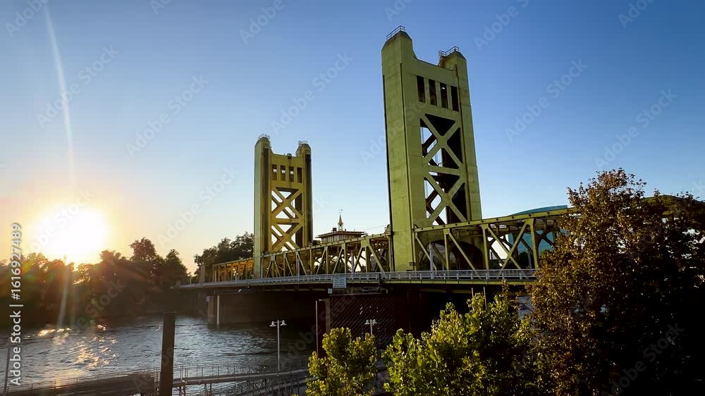golden Tower Bridge over the Sacramento River. The bridge is the western downtown entry point to the city of Sacramento, capital of California golden Tower Bridge over the Sacramento River. The bridge is the western downtown entry point to the city of Sacramento, capital of California