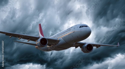 Jumbo jet airplane flying in stormy weather - flight turbulence