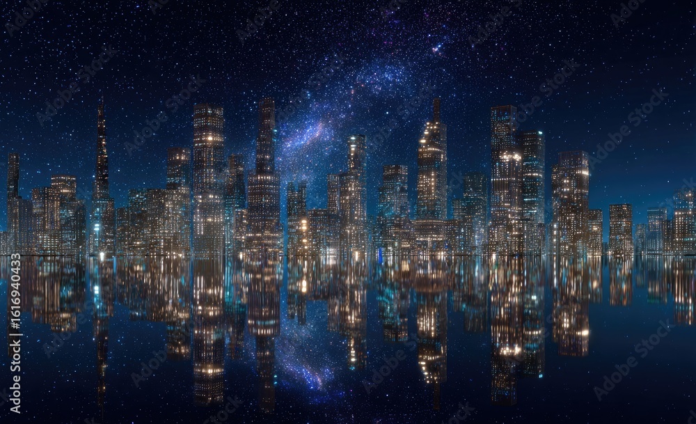 Fototapeta premium City skyline at night reflected on water with a starry sky