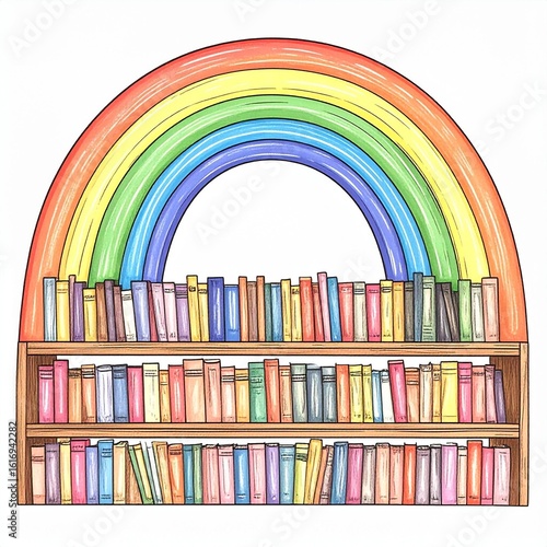Pastel Rainbow Bookshelf Illustration with Colorful Books