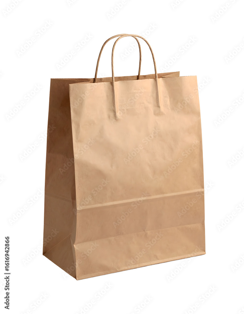 Simple brown paper shopping bag with handles, perfect for retail or branding purposes. Simple brown paper shopping bag with handles, perfect for retail or branding purposes.