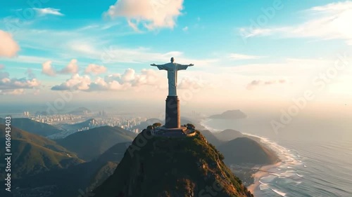 a cinematic aerial drone video starting with a wide shot of Rio de Janeiro’s coastline with Redeemer statue atop Corcovado Mountain