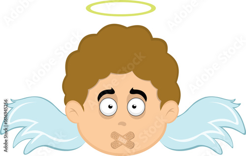 vector illustration face angel character cartoon,  with adhesive strips on the mouth in concept of keeping silent or shutting up