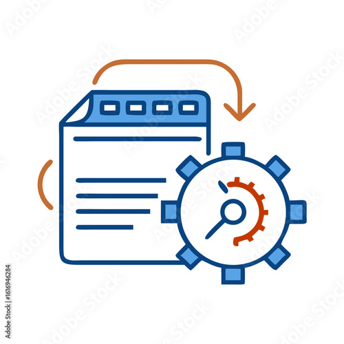 An illustration of a document and gear-shaped mechanism in vibrant colors, symbolizing the dynamic process of digital transformation or process.