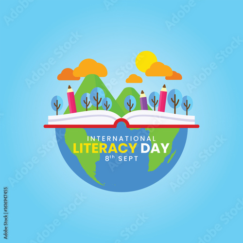 International Literacy Day vector. Open book with nature on globe. Global education awareness concept. Global literacy concept vector for September 8th. Education reaching across the world