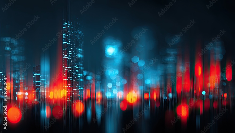 Obraz premium Blurry city skyline at night with vibrant lights