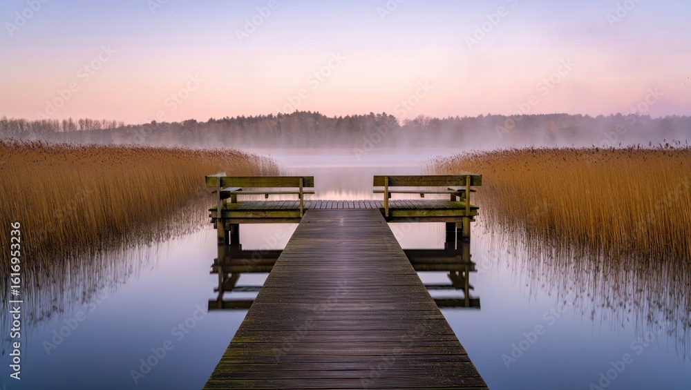 Fototapeta premium Serene wooden jetty with benches on misty lake at dawn