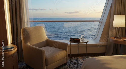 Serene cruise cabin view with ocean vista creating a relaxing atmosphere perfect for travel