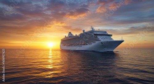 Luxury cruise ship sailing into a majestic sunset over tranquil waters adventure