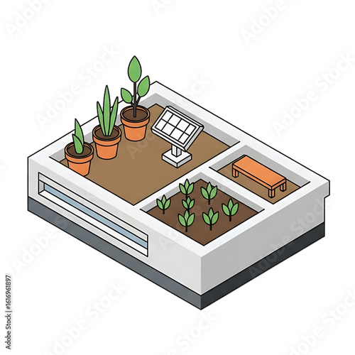 Modern rooftop garden with planter boxes, promoting urban greenery.