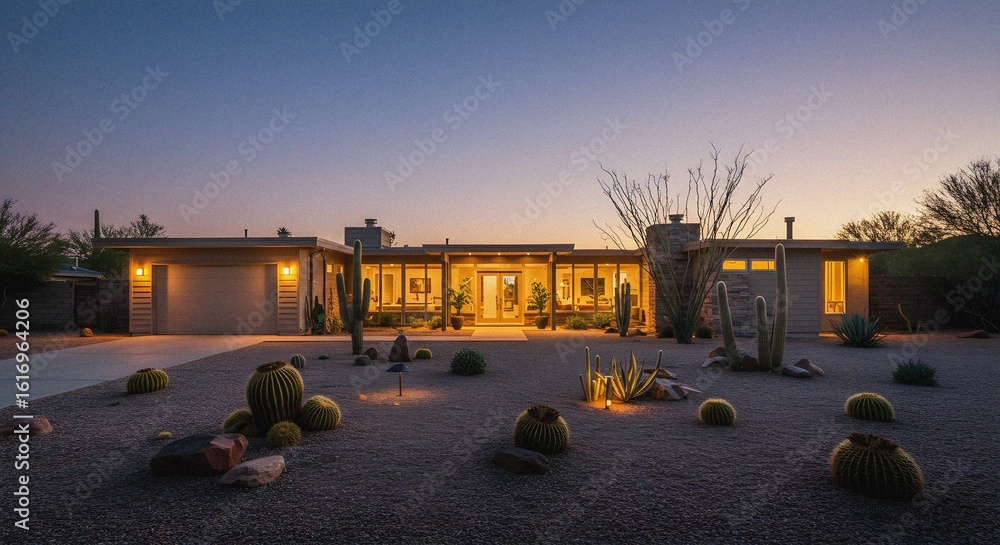 Obraz premium Desert Home at Dusk Mid-Century Modern Architecture