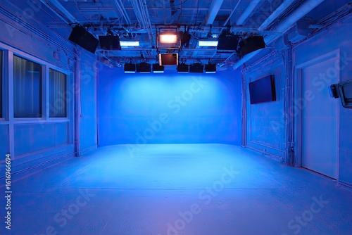 Empty  brightly lit blue studio space
