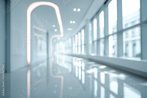 Blurred modern office hallway with large windows