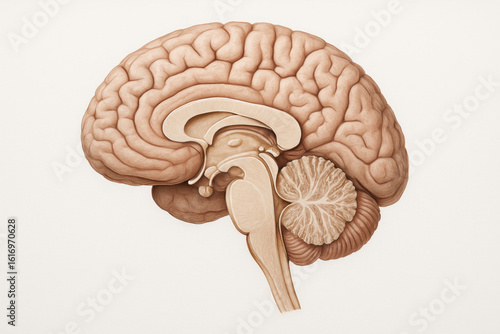 Human Brain Anatomy Illustration: Sagittal View of Brain Parts, Illustration