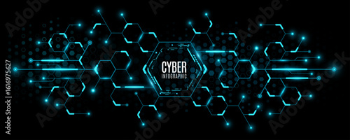 Hi-tech cyber diagram with glowing blue neon connected hexagons on a black background. Infographic UI elements for digital, AI, blockchain, or data network concepts. Vector illustration.