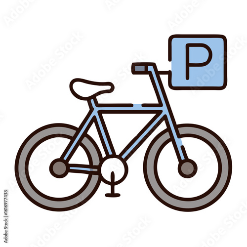 A simple illustration of a bicycle parked near a designated parking sign. It emphasizes the idea of bike parking and urban transportation.