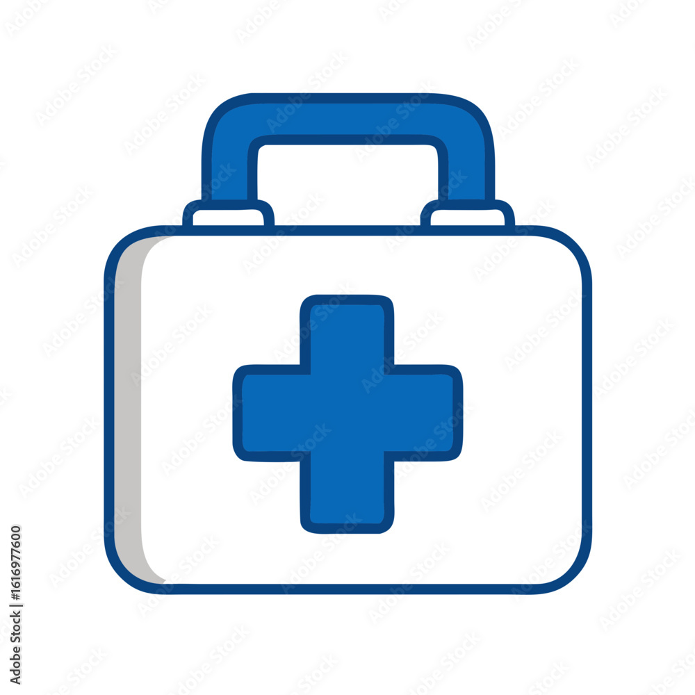 Fototapeta premium A First Aid Kit, with a blue cross, a symbol of safety and healthcare. Representing emergency medical preparedness. 