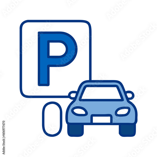 An eye-level perspective captures the iconic parking symbol, placed next to a meticulously designed car, both displayed in a vibrant hue of blue, clearly indicating a designated parking area.