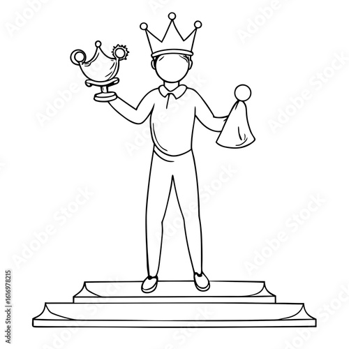 A triumphant leader, crowned and holding a trophy, represents leadership and victory. The outline of the person conveys royalty and success.