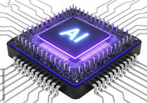 Ai processor chip with glowing blue and purple lights isolated on transparent background