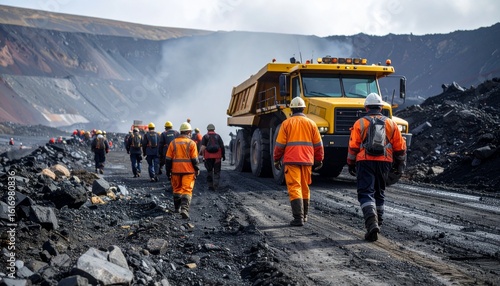 A group of miners in orange uniforms walking past a large haul truck in a vast open-pit coal mine during their shift.