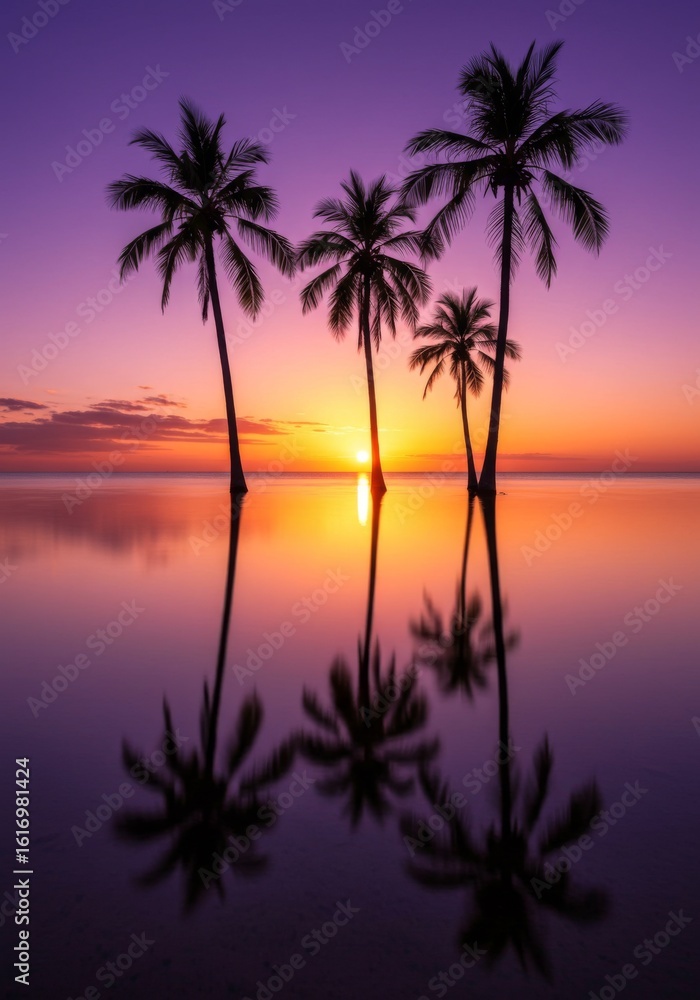Obraz premium Silhouette Palm Trees Reflecting in Purple Sunset Ocean