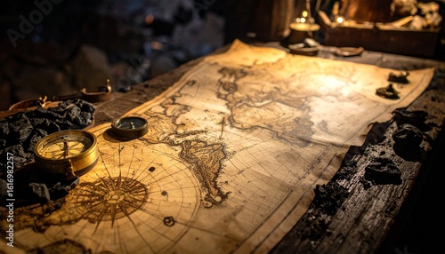 Antique world map and a brass compass on a rustic wooden table, evoking a sense of adventure and historical exploration