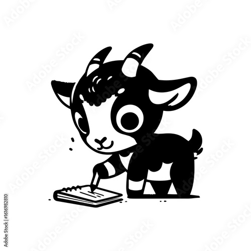 goat kid nibbling on a piece of notebook paper