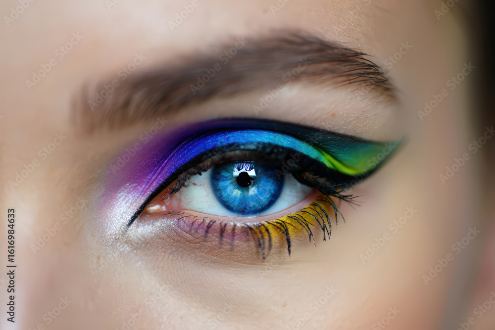Obraz premium Close-Up of a Captivating Blue Eye with Vibrant and Artistic Makeup Featuring a Spectrum of Colors and Intricate Details Highlighting Beauty and Expression