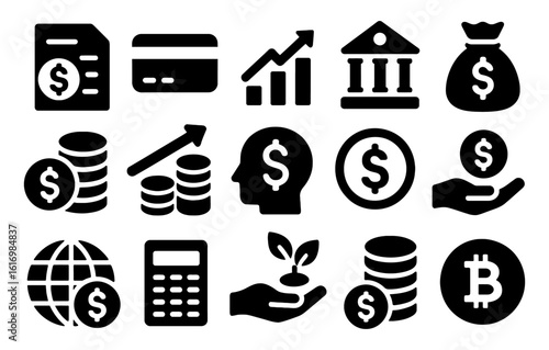 Vector finance icons set. Сoins, wallet, card, calculator, growth chart, hand.