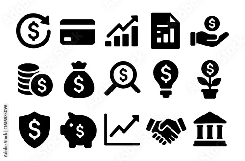 Vector finance icons set. Coins, money bag, card, chart, document, piggy bank, plant.
