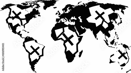 Black and white world map with stylized crosses overlaying continents representing global issues or concerns silhouette